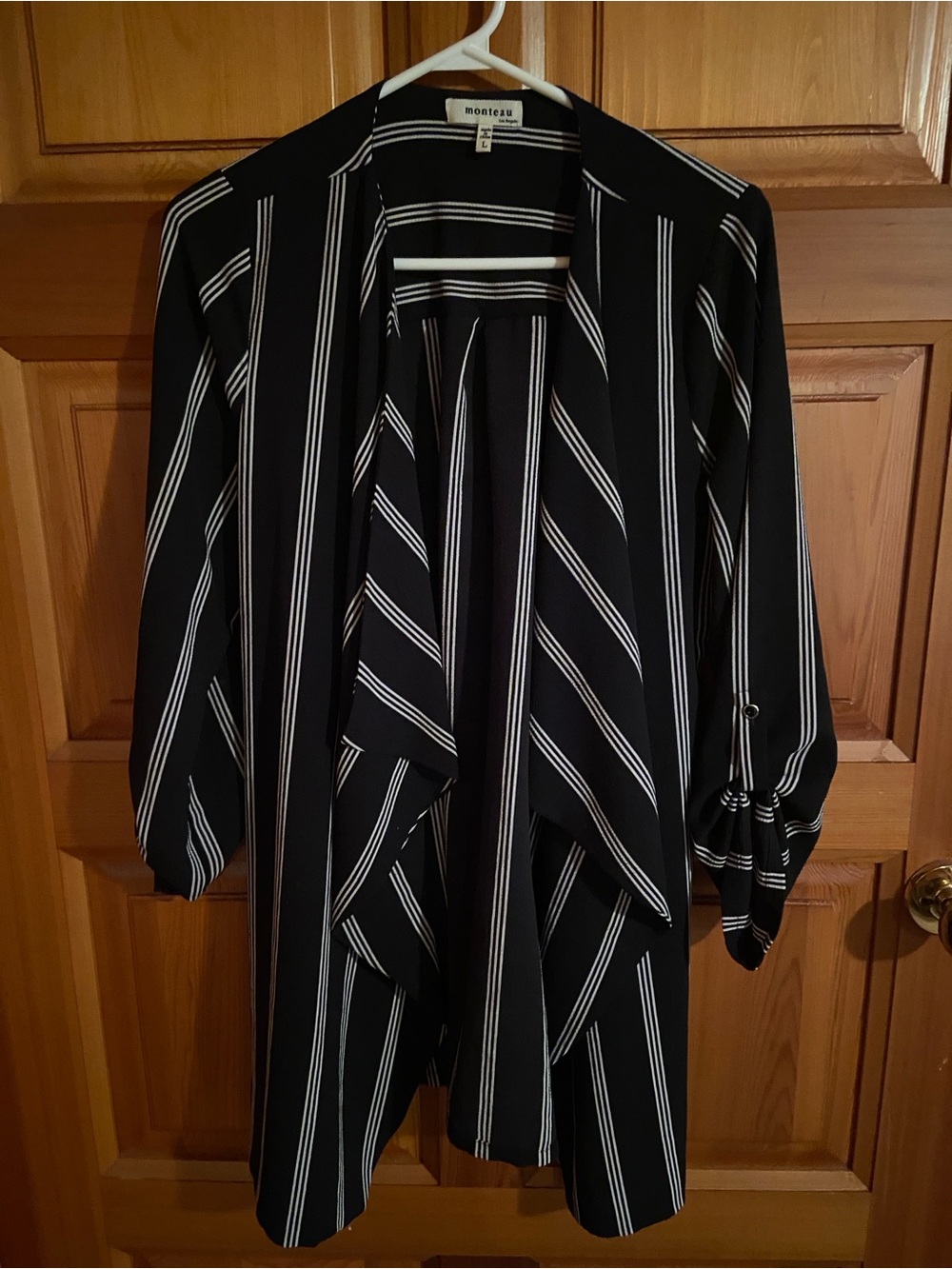 Monif C. Black and White Striped Open Front Cardigan